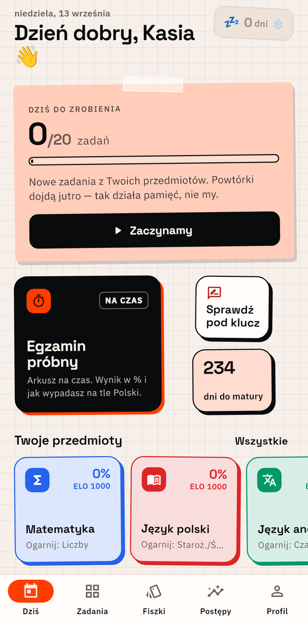Ekran główny MaturaMaster: plan dnia, seria, egzamin próbny